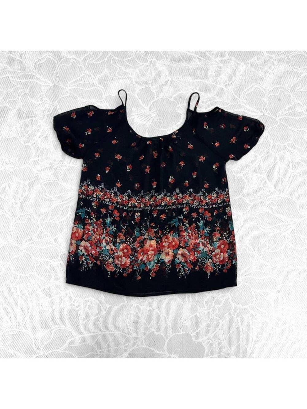 American Dream Black Floral Cold Shoulder Blouse - XS